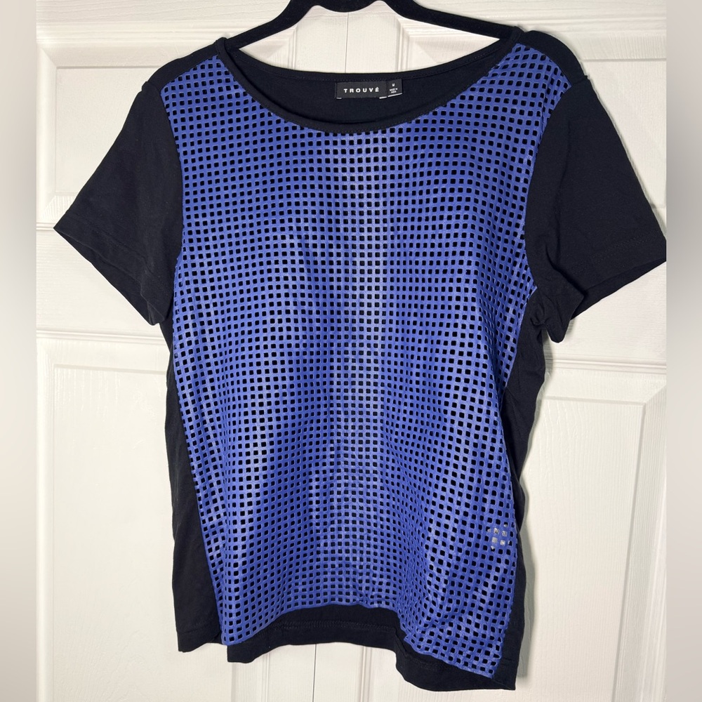 Trouve Black and Blue 100% Leather Short Sleeve Mesh Tee